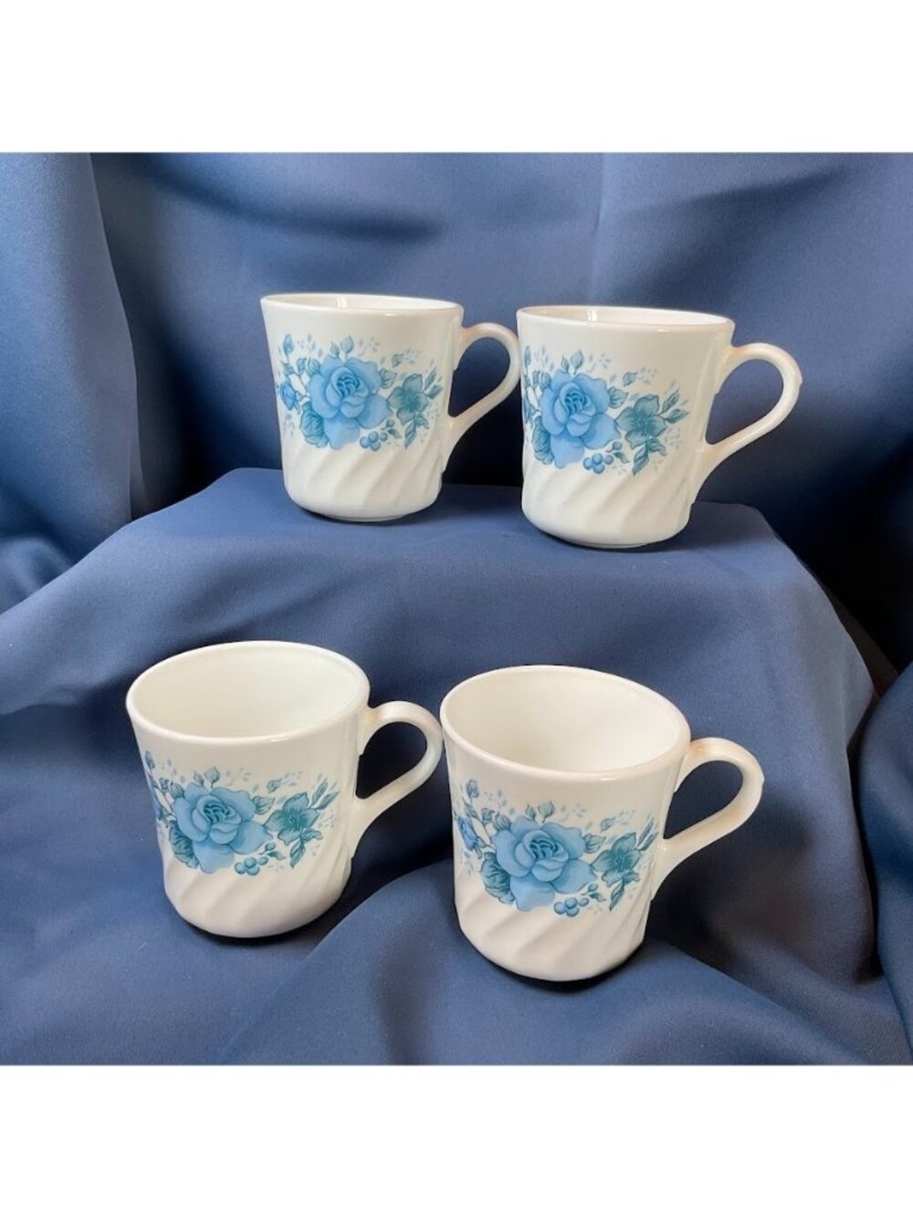 Vintage Corning Ware Milk Glass Coffee Mugs Set of 4 Blue Floral Blue velvet